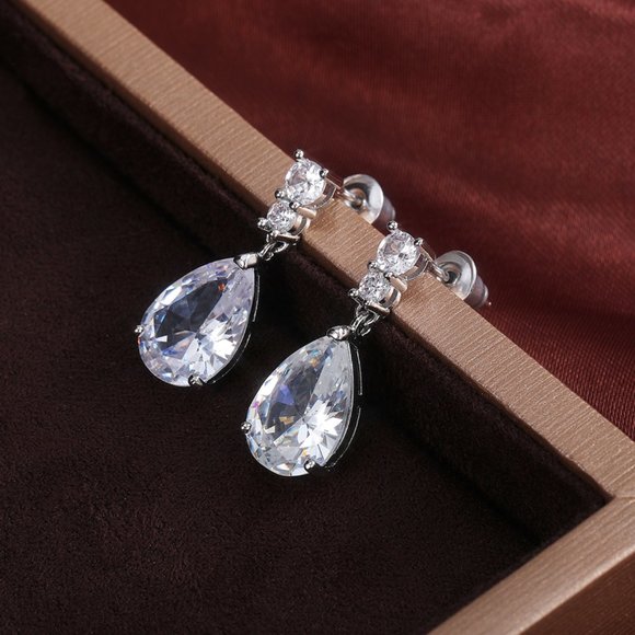 925 Sterling Silver Elegant Lab Diamonds Water Drop Earrings - Picture 7 of 14